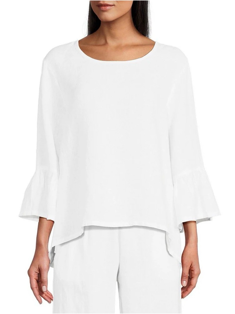 bryn Walker White Ruffle-Cuff Round-Neck Blouse